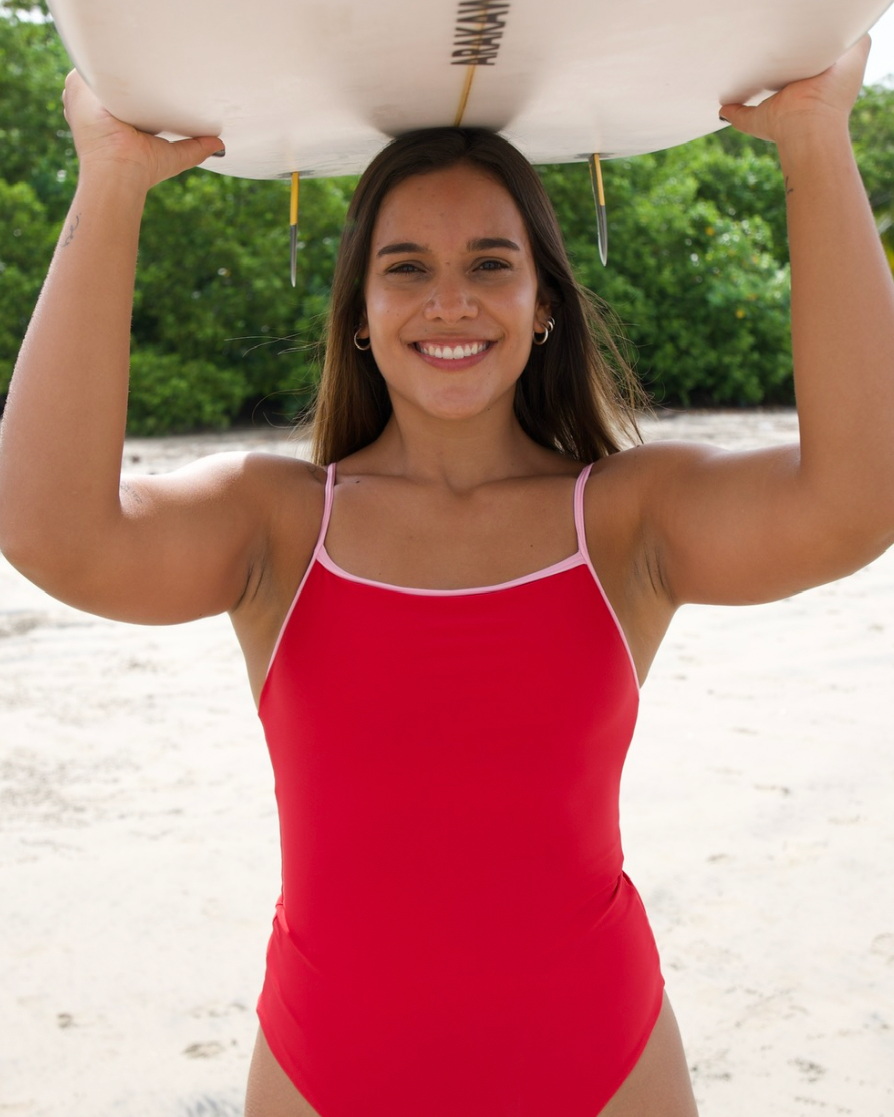 AURORA - Shiny black swimsuit with gold strap